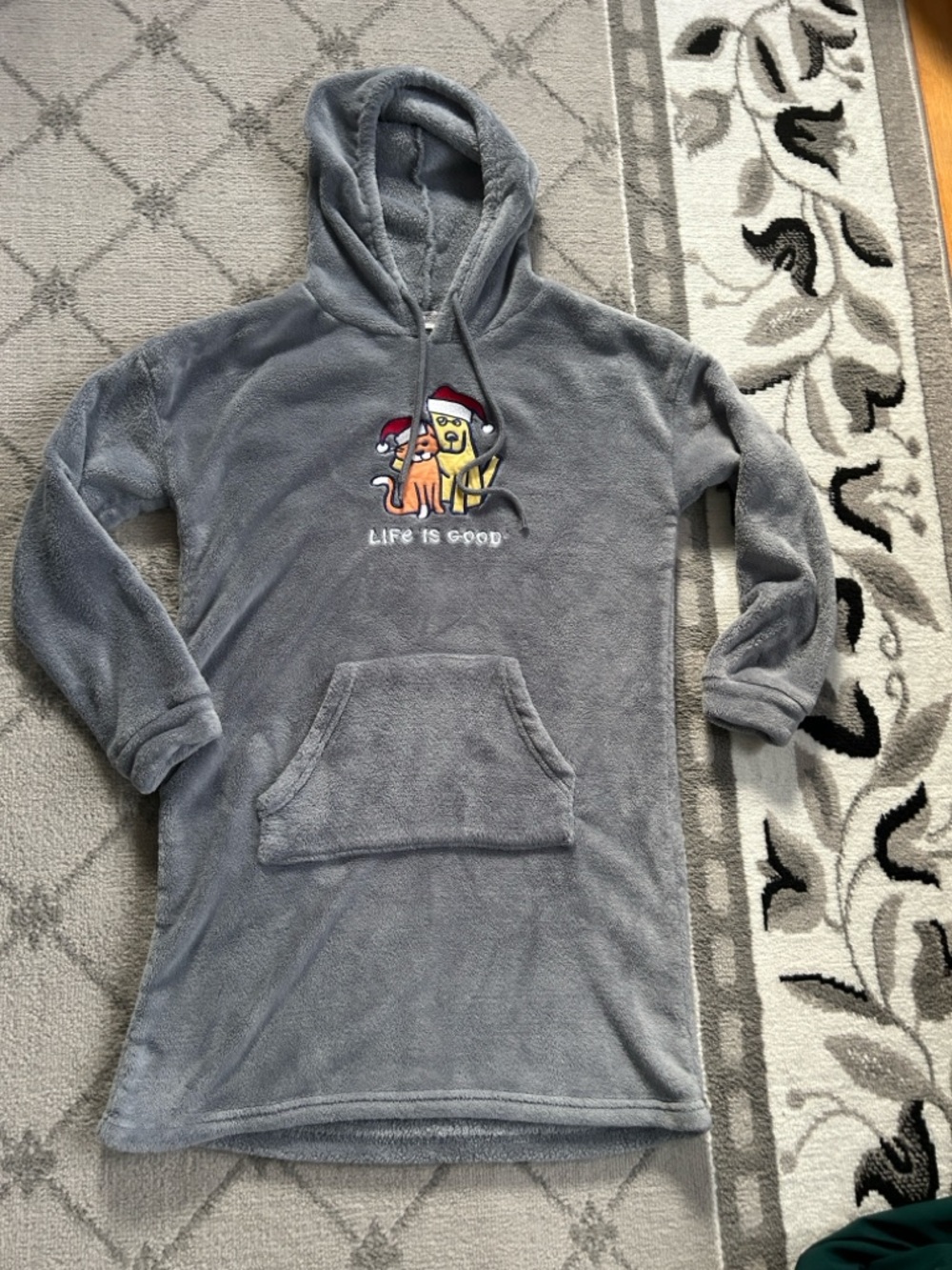 Life Is Good Gray Plush Hooded Nightshirt with Holiday Cat & Dog Embroidery